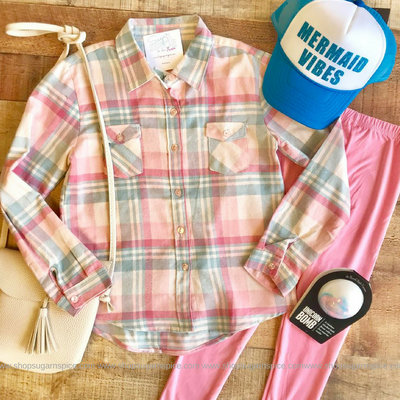MINT/PINK PLAID FLANNEL SHIRT W/ ROLLED SLEEVES