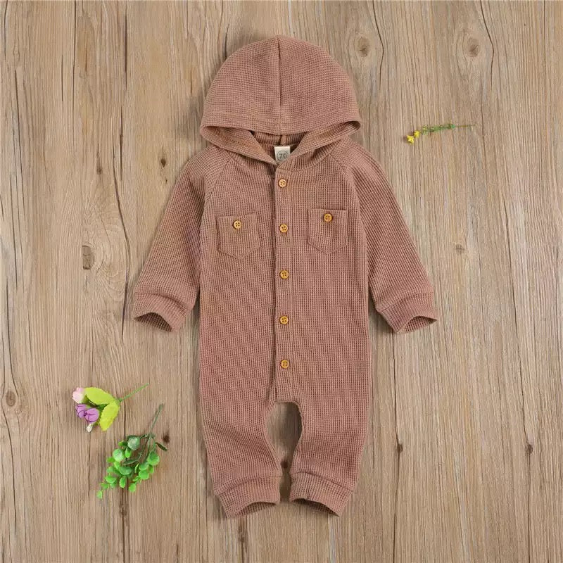 mauve hooded button down waffle knit romper