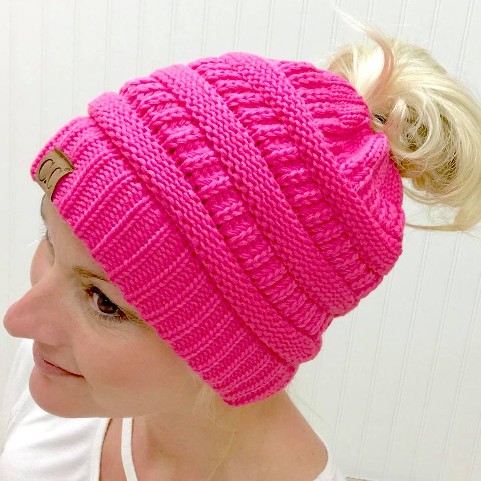 NEW CANDY PINK MESSY BUN BEANIE ~ ADULT/JUNIOR