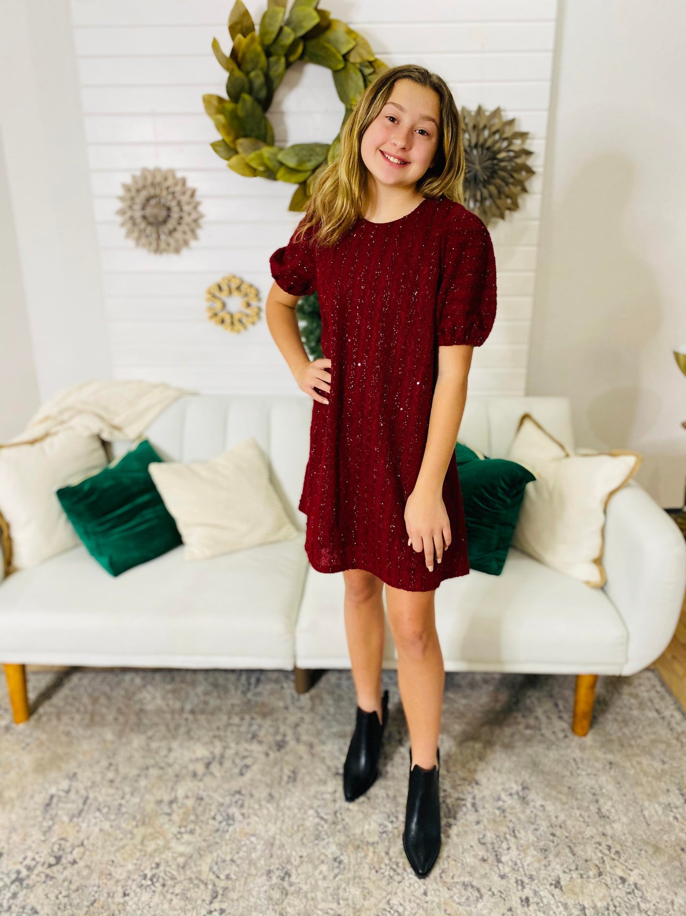 burgundy puff sleeve sequin dress