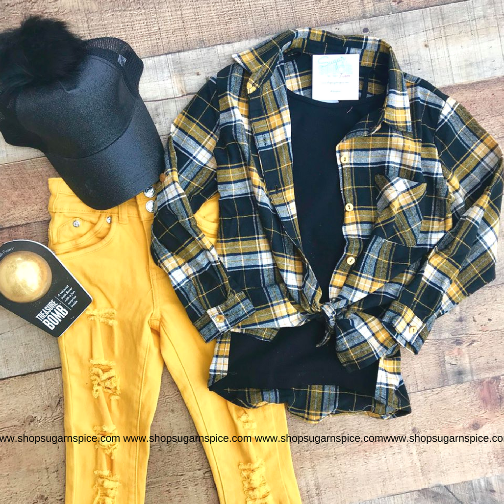 MUSTARD PLAID FLANNEL SHIRT W/ ROLLED SLEEVES