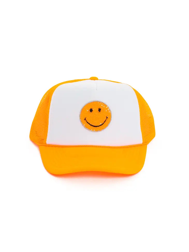 orange trucker hat w/ sequin happy face