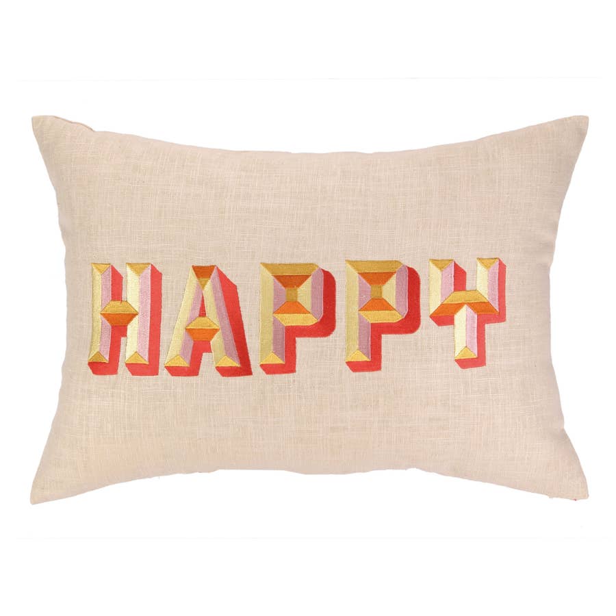 HAPPY EMBROIDERED DECORATIVE PILLOW