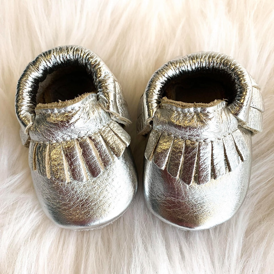 SILVER BABY MOCCASINS