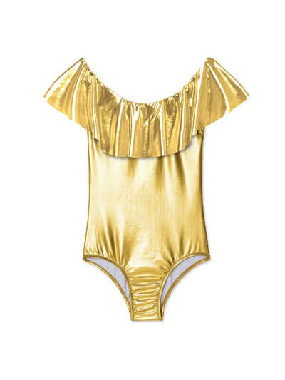 metallic gold ruffle one piece