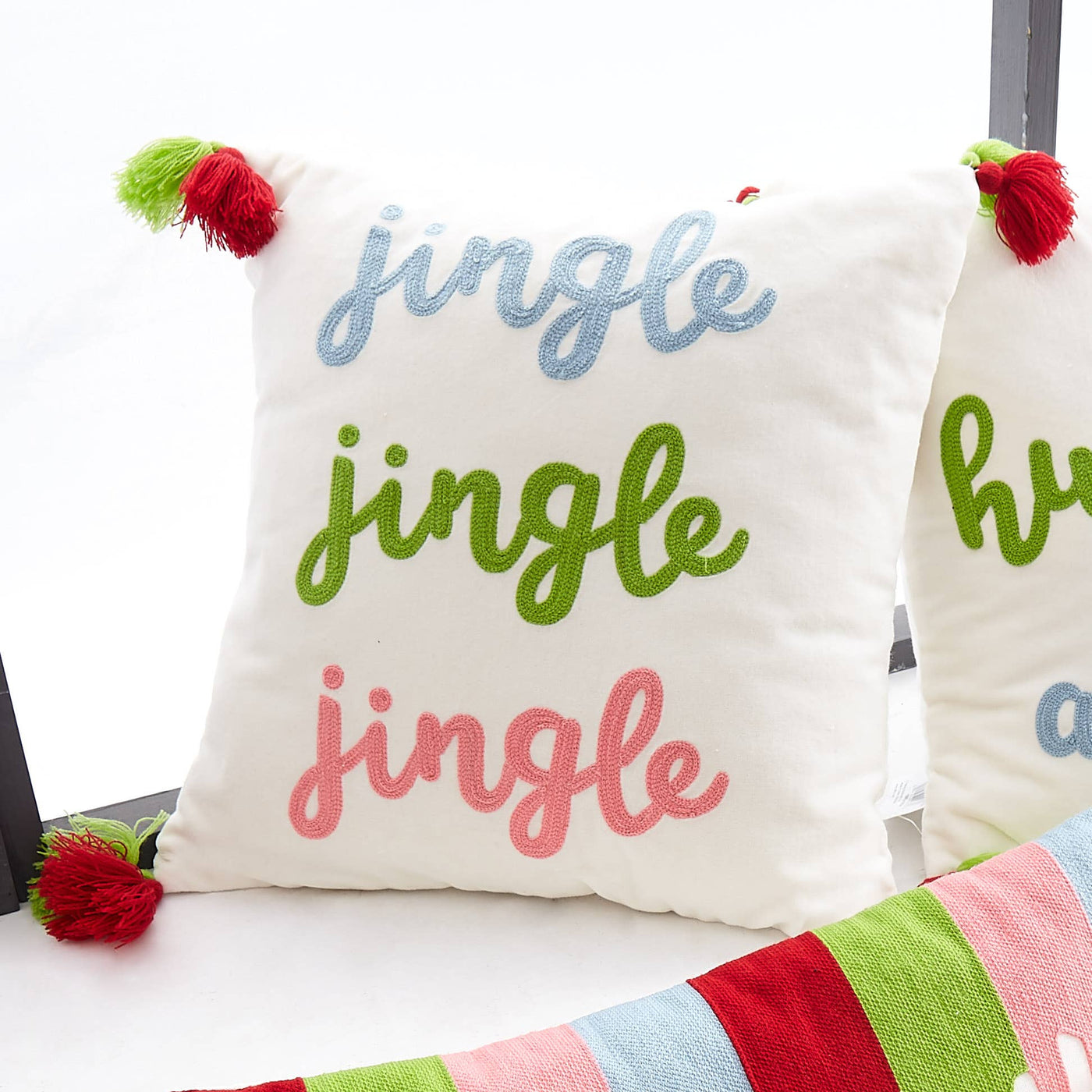 Jingle Jingle Jingle Crewel Tassel Pillow - Christmas