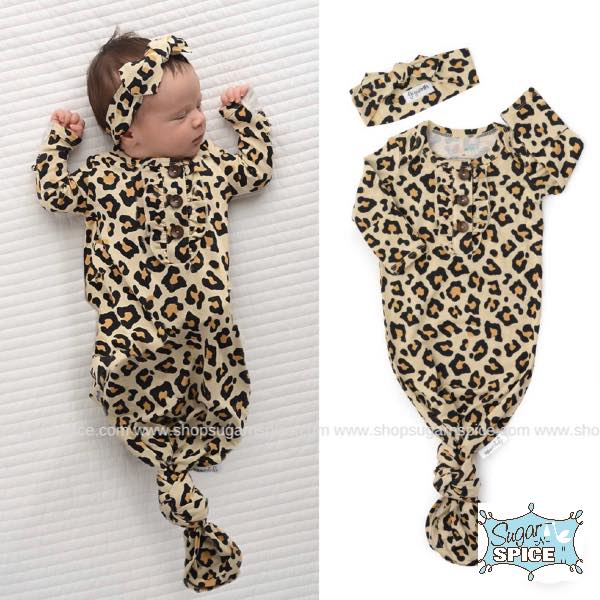 GIA LEOPARD KNOTTED BUTTON NEWBORN GOWN AND HEADBAND