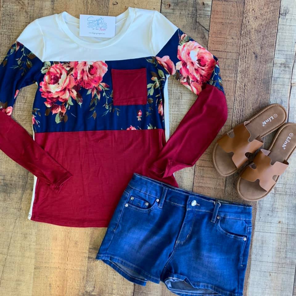 NAVY FLORAL SOLID AND FLORAL COLORBLOCK TOP