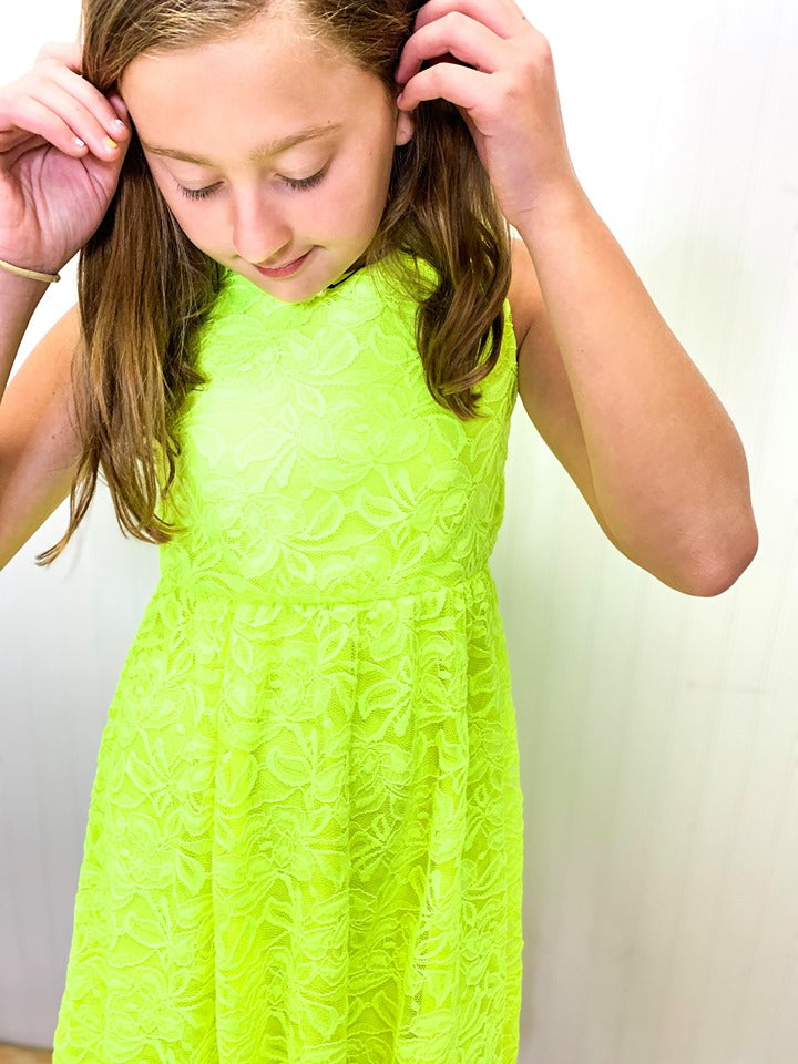 NEON YELLOW FLORAL LACE SLEEVELESS DRESS