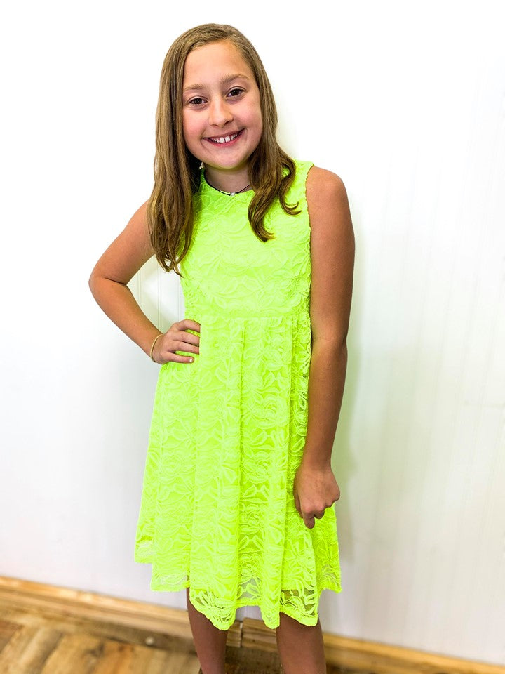 NEON YELLOW FLORAL LACE SLEEVELESS DRESS
