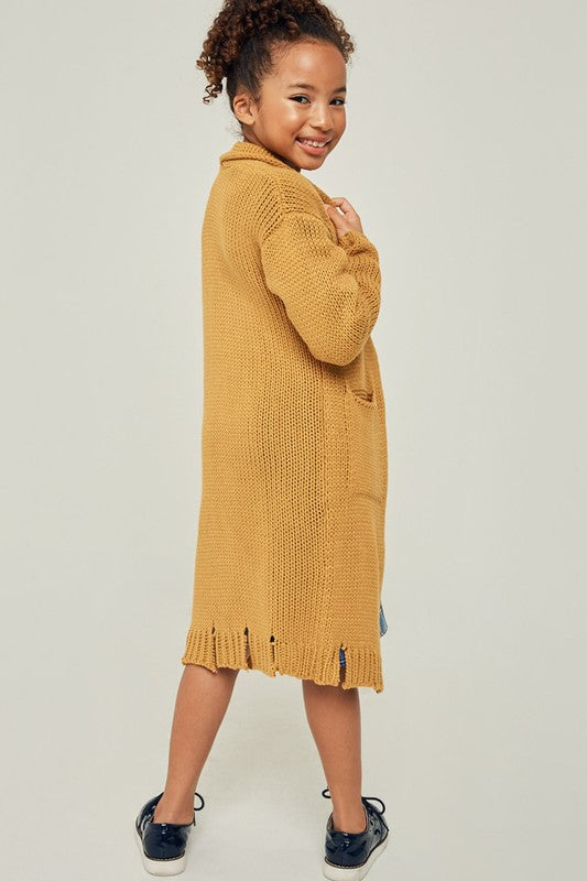KINSLEY MUSTARD DISTRESSED KNIT DUSTER