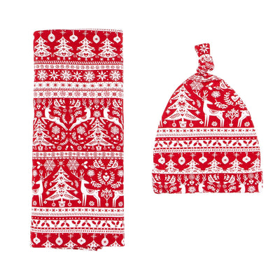 reindeer cheer swaddle blanket and hat set