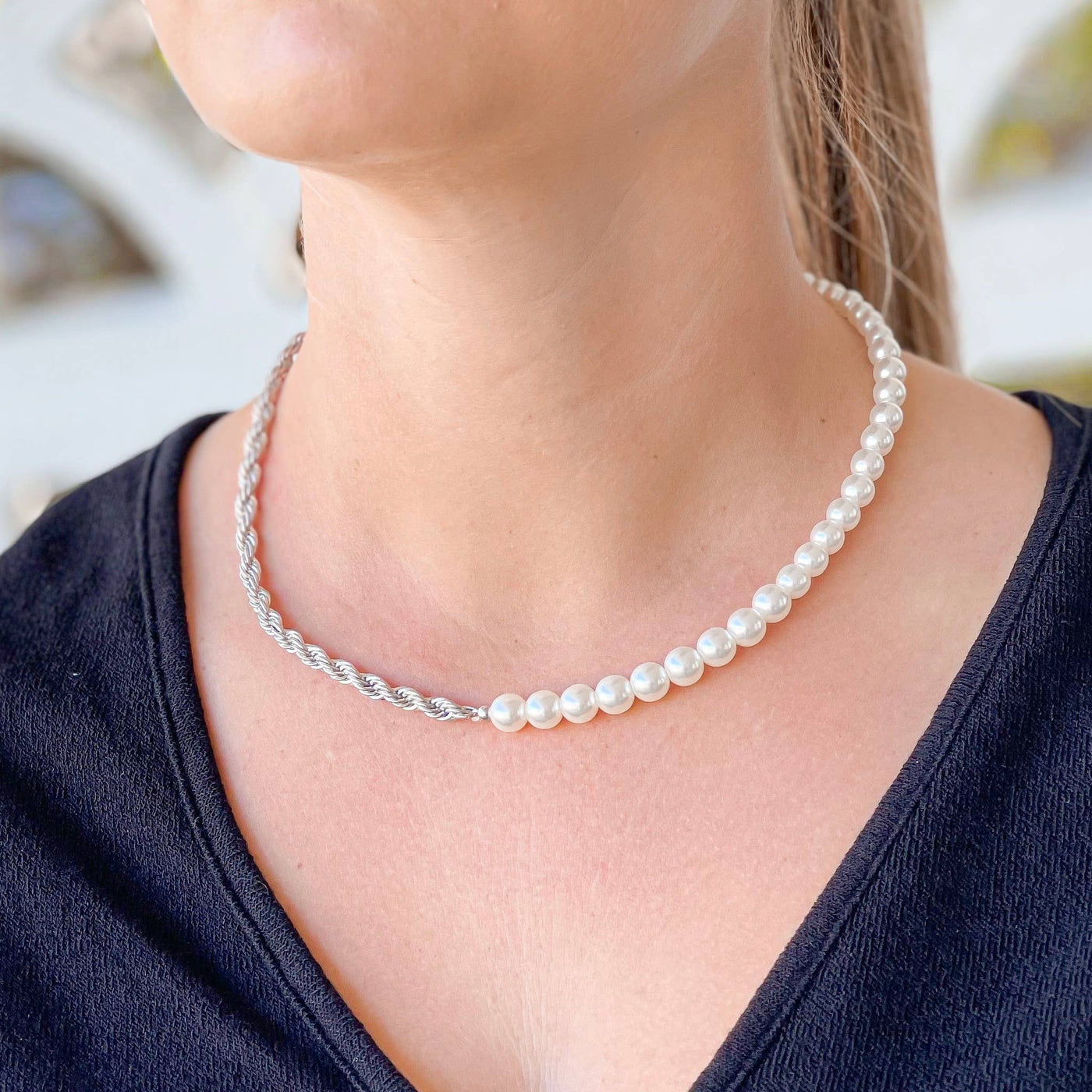 Pearl & Rope Chain Necklaces silver