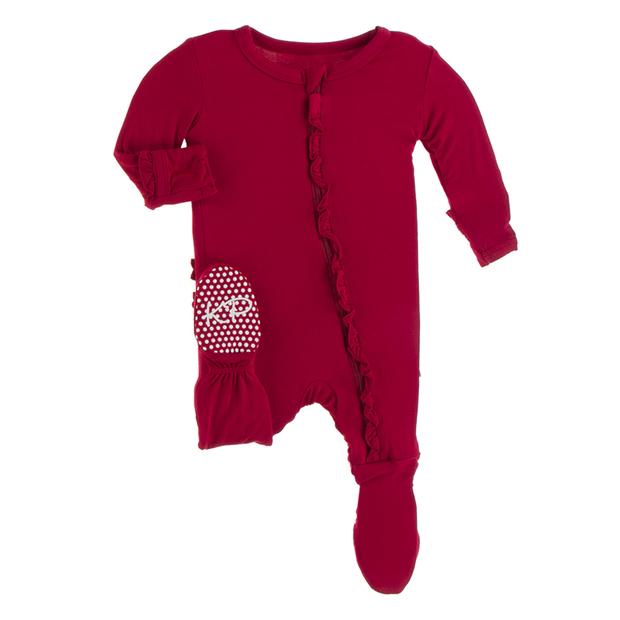 crimson solid classic ruffle footie with zipper