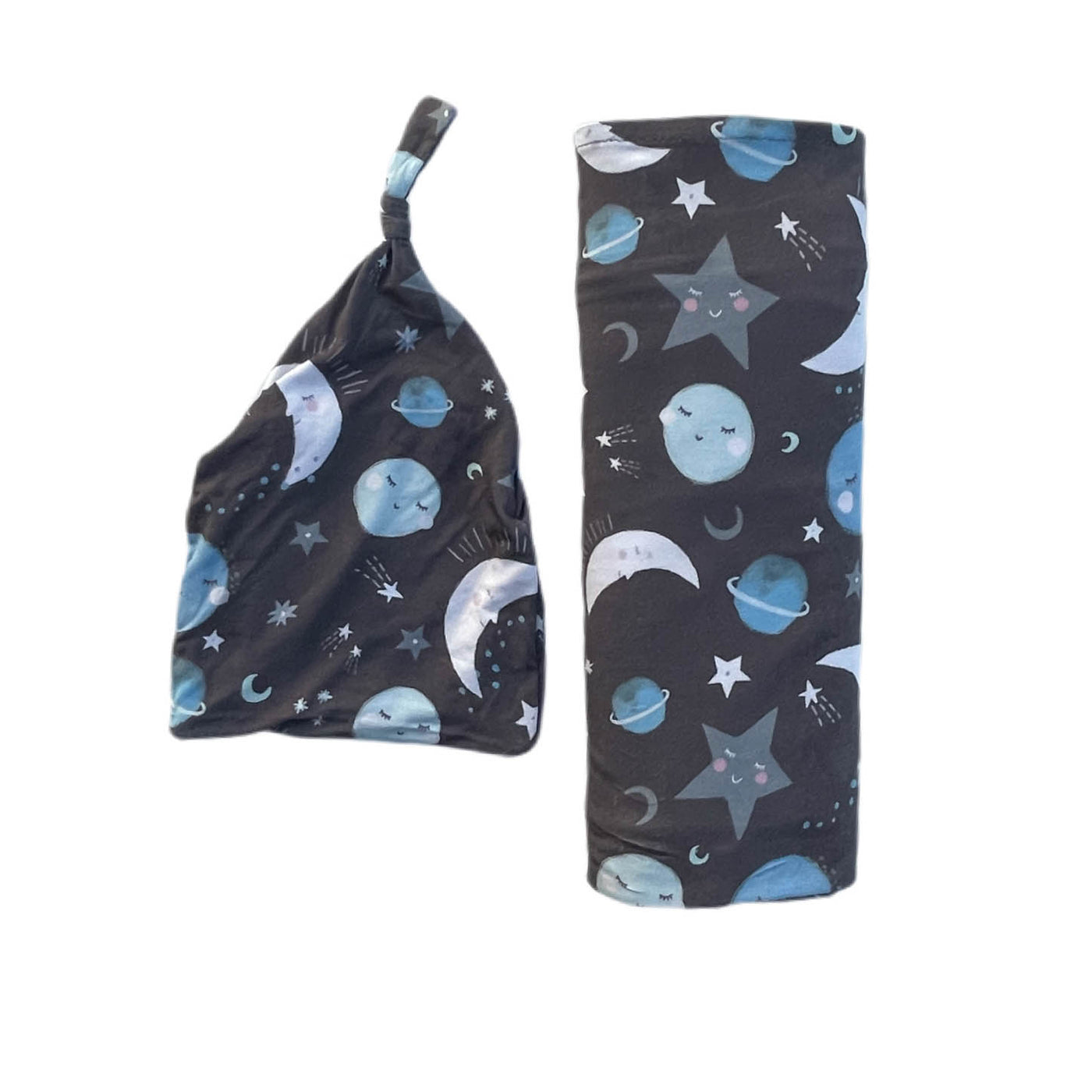 to the moon and back blue hat and swaddle set