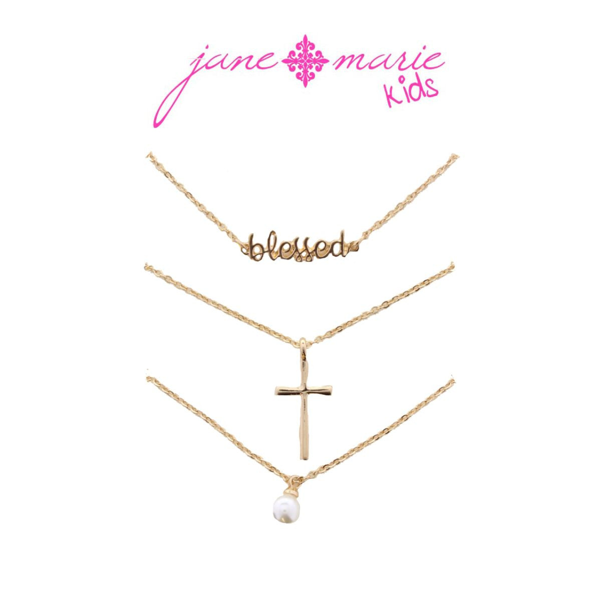 Kids 14" Set of 3, "Blessed", Gold Cross, SIngle Pearl Necklace, 3" Ext.