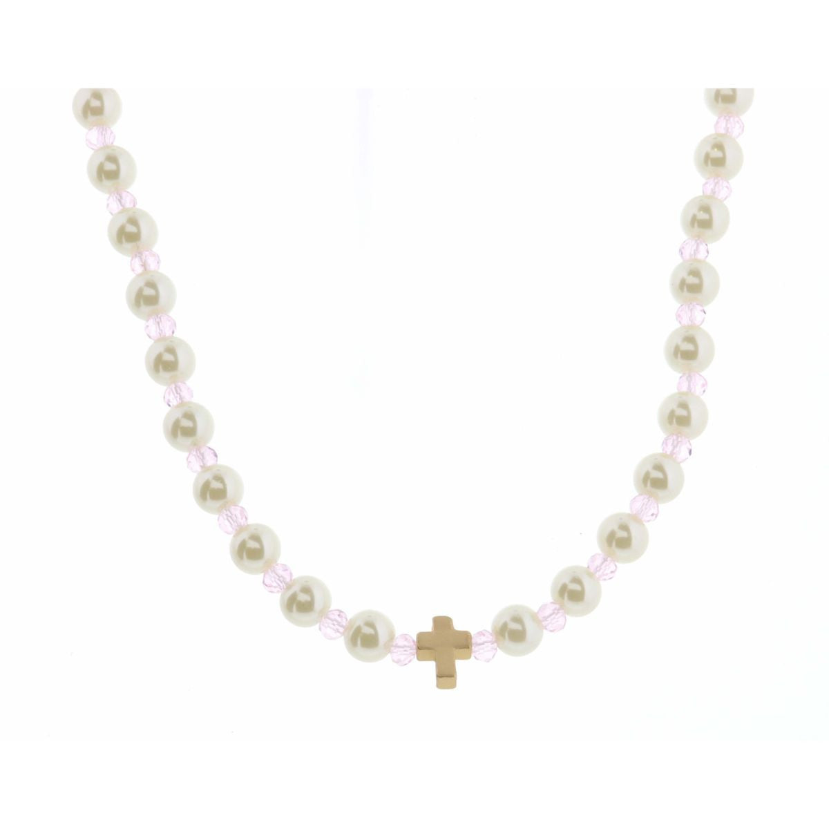 Kids 14" Pearl & Light Pink Faceted with Cross Necklace, 3" Ext.