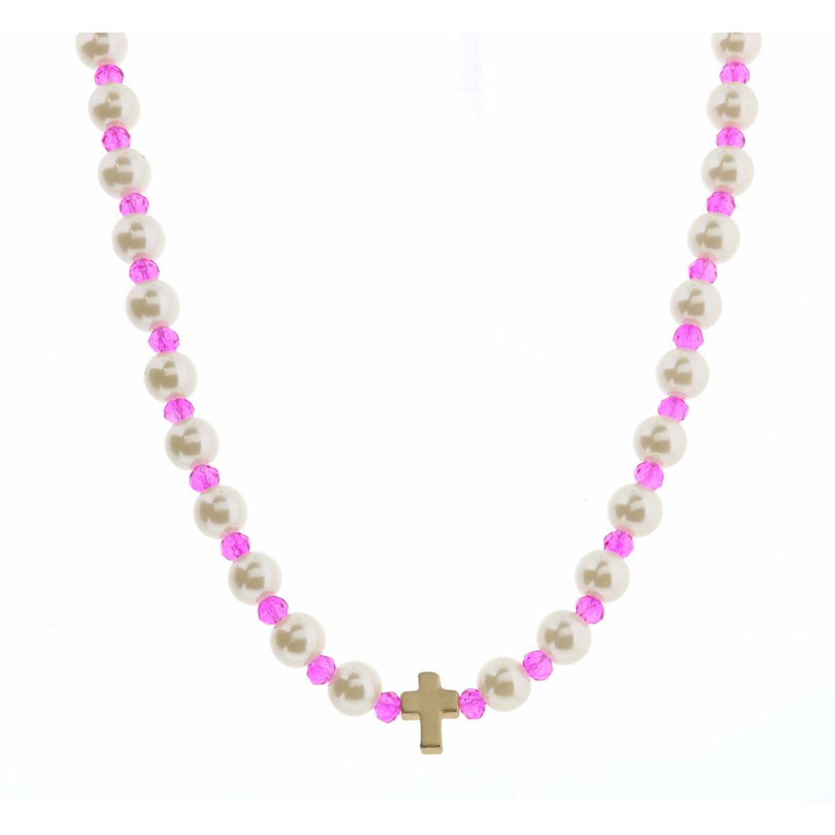 Kids 14" Pearl & Hot PInk Faceted with Cross Necklace, 3" Ext