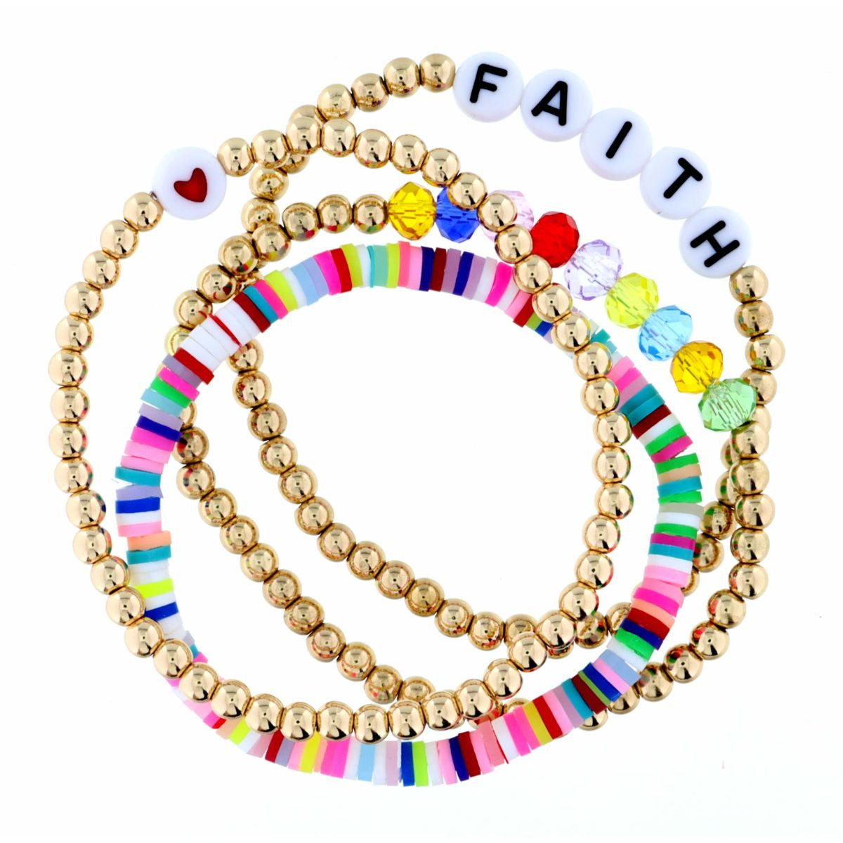 Kids Set of 4, Gold, Multi Beaded with "Faith" Bracelet
