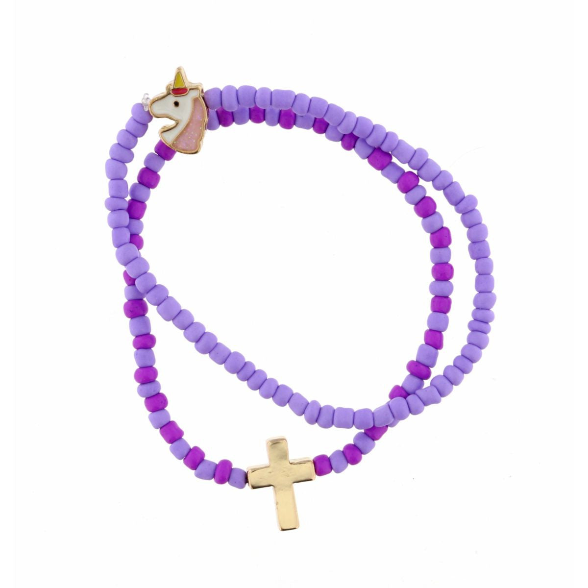 kids set of 2 purple seed bead stretch with cross & unicorn bracelet