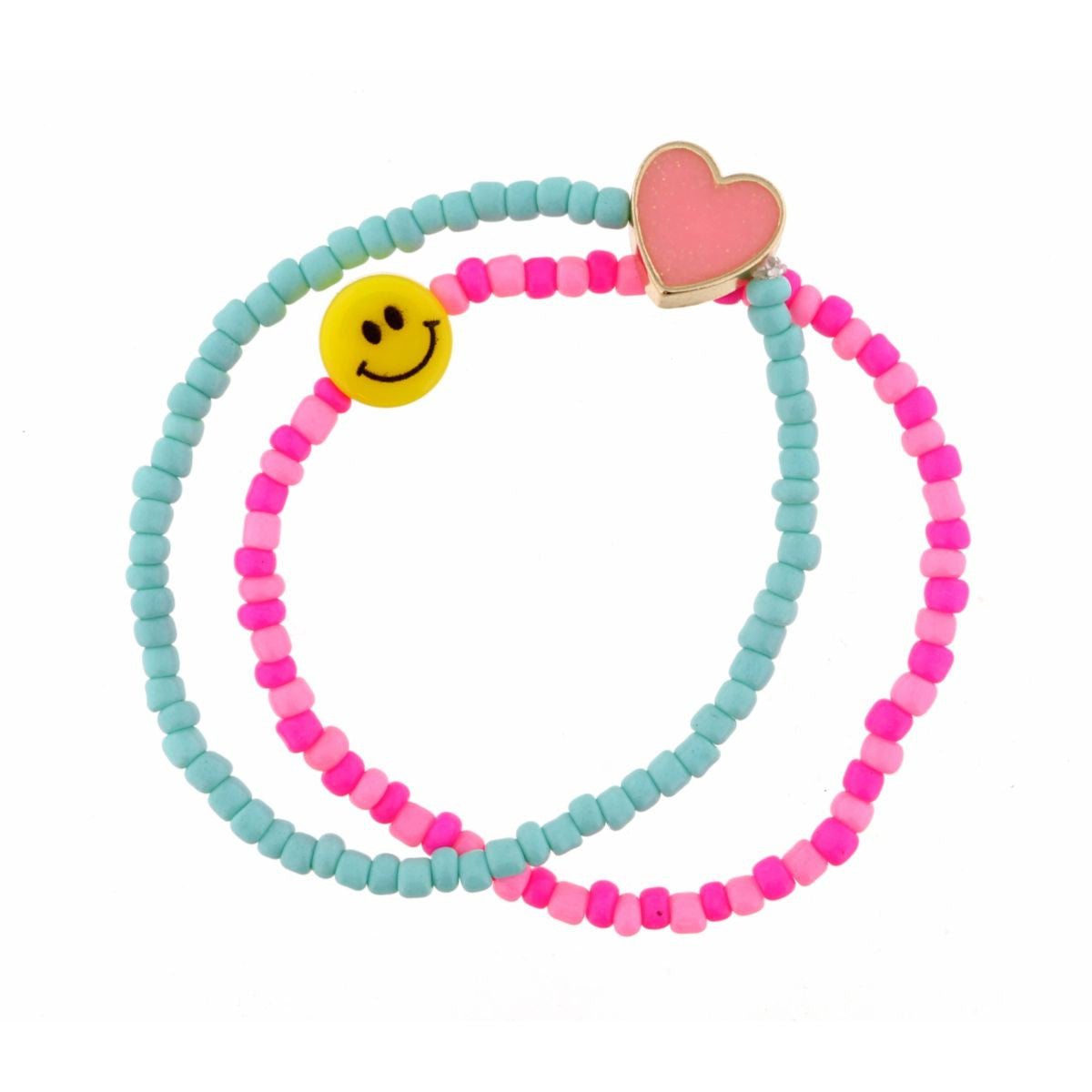 kids set of 2 mint & pink seed bead stretch w/ smiley & heart bracelet