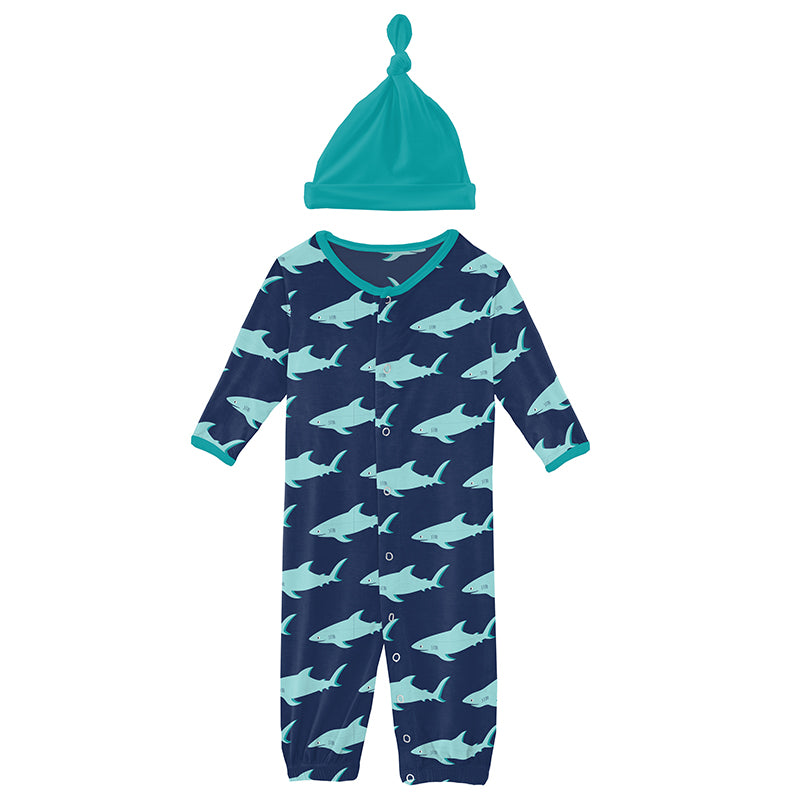 flag blue sharky layette gown converter and knot hat set