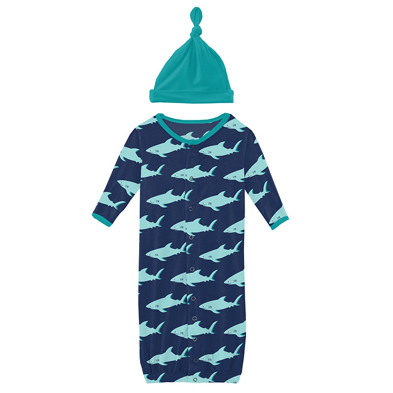 flag blue sharky layette gown converter and knot hat set