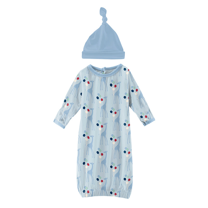illusion blue balloon giraffe layette gown and knot hat set