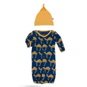 NAVY CAMEL LAYETTE GOWN CONVETER & KNOT HAT SET