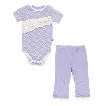LILAC DOUBLE HELIX S/S DIAGONAL RUFFLE BANNER ONE PIECE AND RUFFLE PANT SET