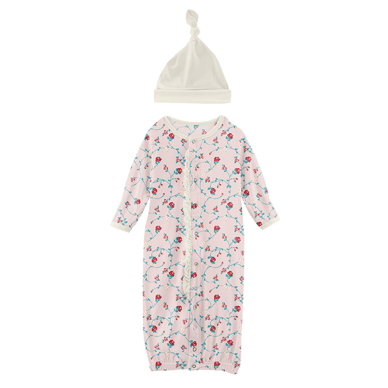 macaroon floral vines ruffle layette gown converter & knot hat set
