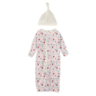 macaroon floral vines ruffle layette gown converter & knot hat set
