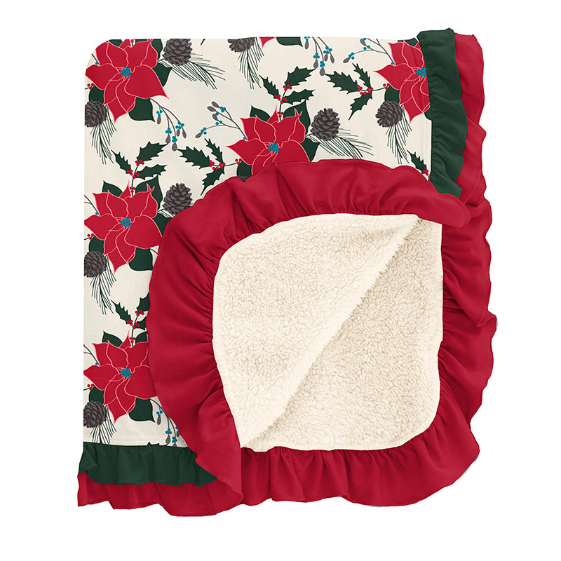christmas floral sherpa lined double ruffle throw blanket