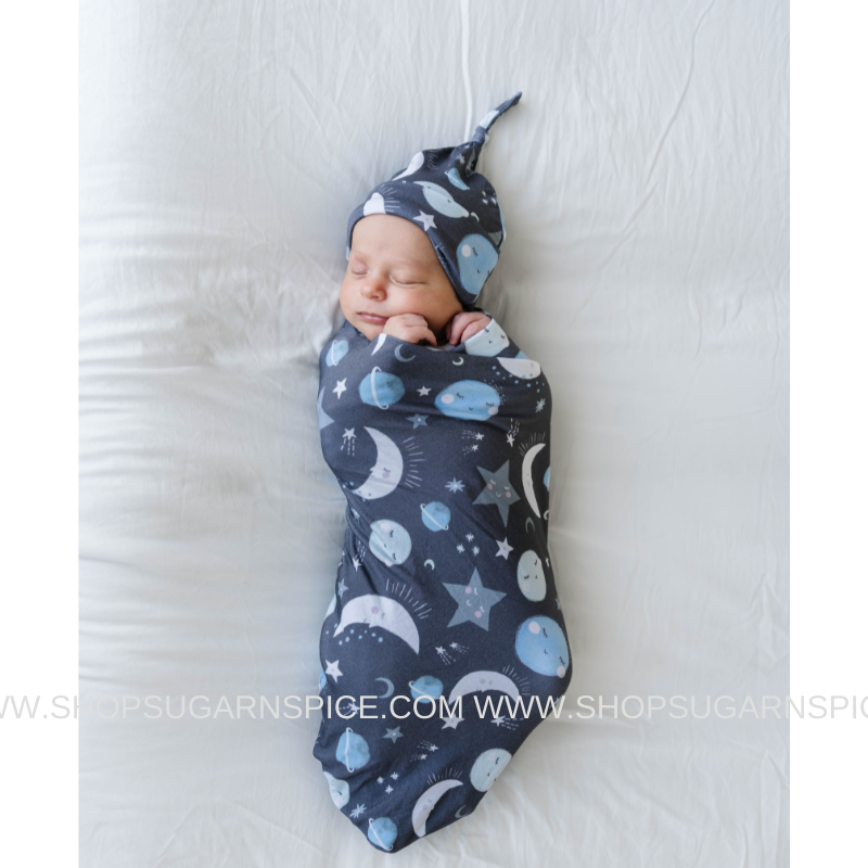 to the moon and back blue hat and swaddle set