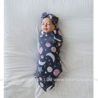 the moon and back pink hat and swaddle set