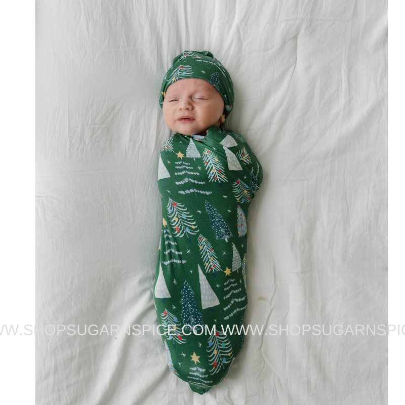 Green Twinkling Trees Swaddle & Hat Gift Set