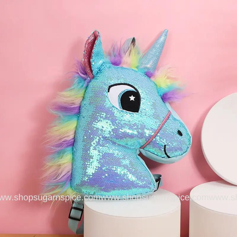 blue sequin unicorn backpack