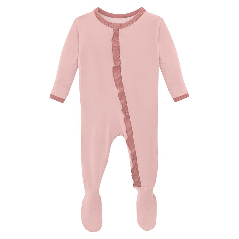 baby rose with antique pink muffin ruffle zipper footie