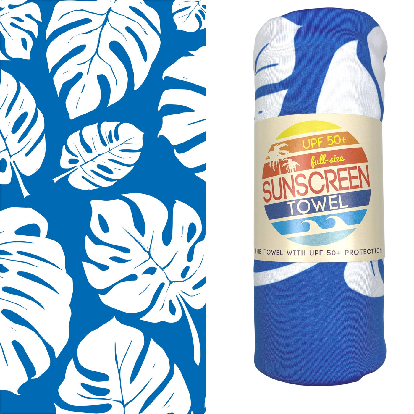 Full Size UPF 50+ Sunscreen Towel (Blue and White Palm)