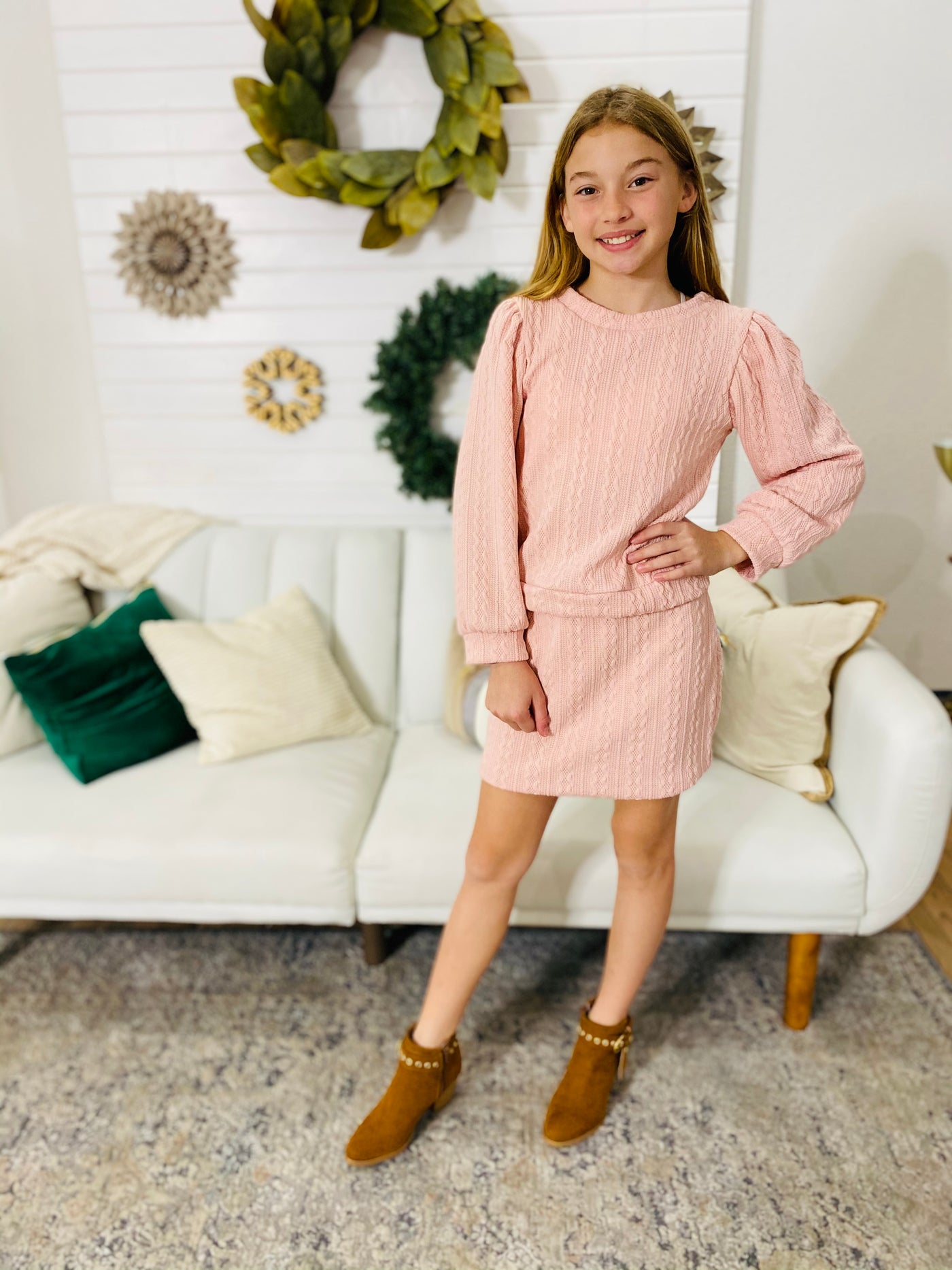 pink sweater skirt set