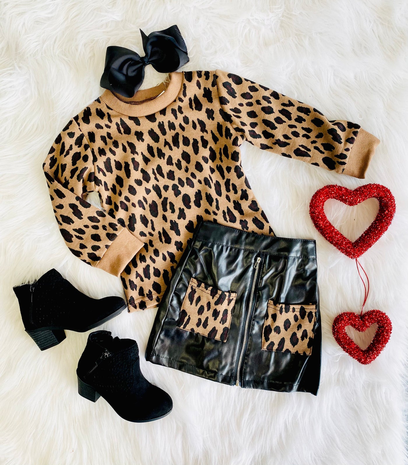 leopard sweater w/ leather skirt set