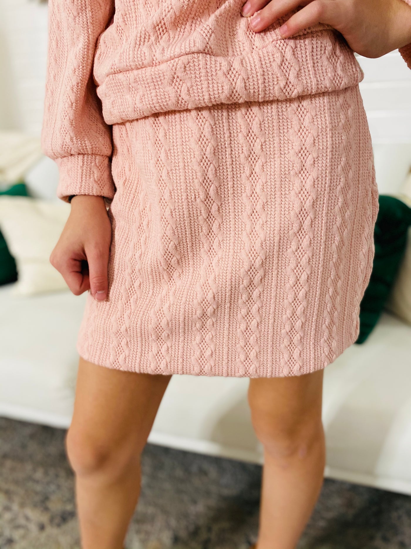 pink sweater skirt set