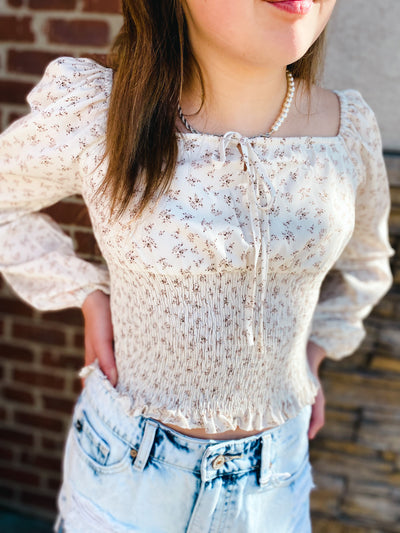 ivory front tie detail long sleeve top
