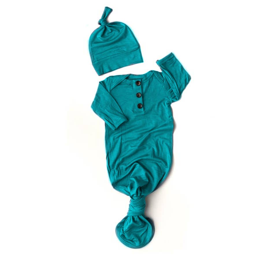 TEAL KNOTTED BUTTON GOWN W/ HAT
